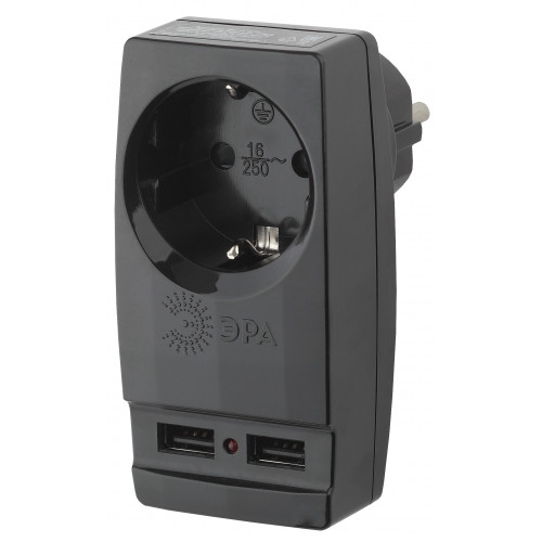 USB-адаптер "ЭРА"  1гн 220V + 2хUSB 2100mA, с зазем., черный