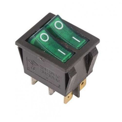 Выключатель клавишный 250V 15A (6c) ON-OFF зеленый с подсветкой  ДВОЙНОЙ REXANT